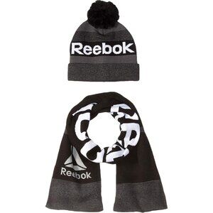 Reebok Cold Weather Beanie & Scarf Set Black Warm Lining 100% Acrylic Yarn OS